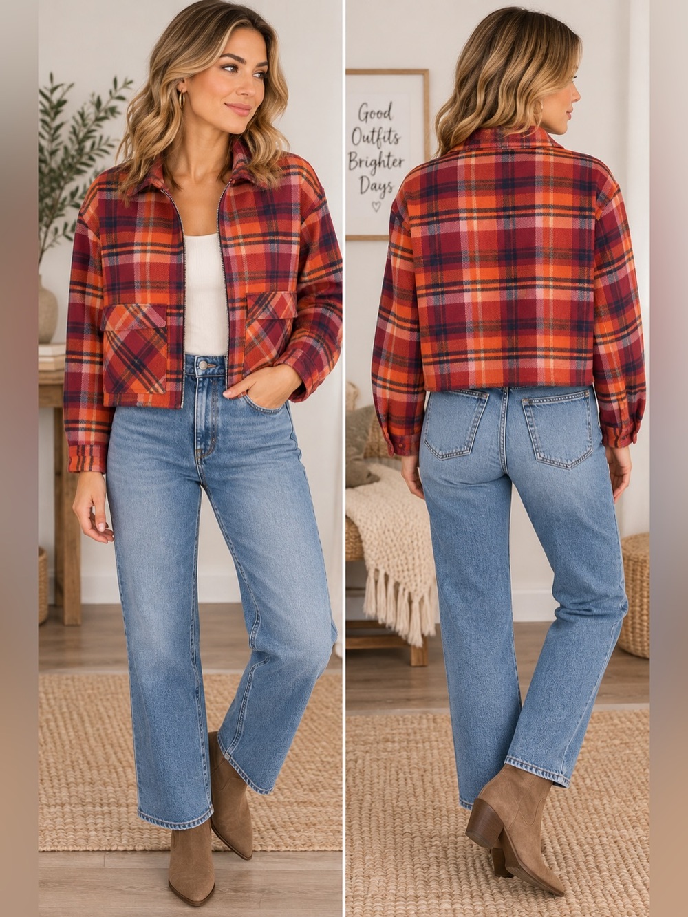 BeachLunchLounge Plaid Cropped Flannel Zip Jacket Shacket Small
